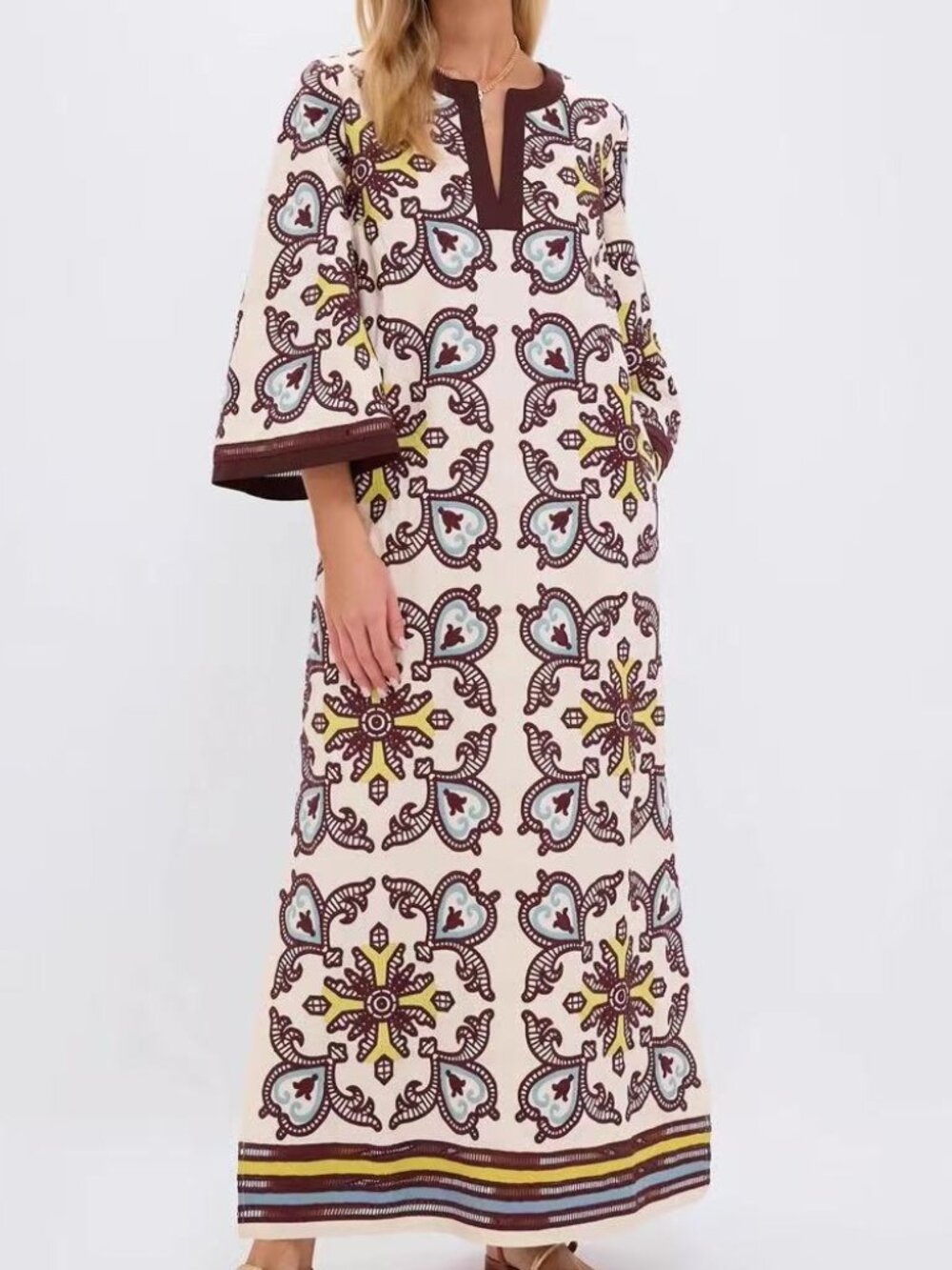Zimmermann Boho Floral Print Cream Maxi Dress with Brown Trim